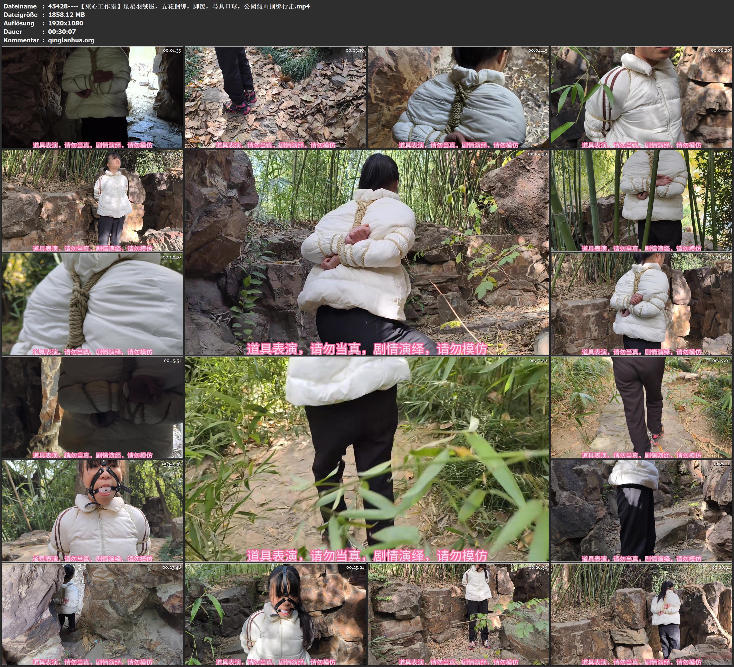 45428----【束心工作室】星星羽绒服，五花捆绑，脚镣，马具口球，公园假山捆绑行走.jpg