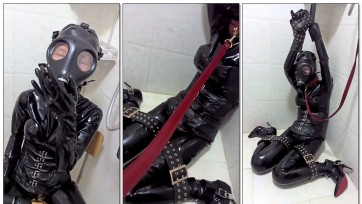 【流浪到世界尽头】奴隶小M拘束第二弹，娇小的大学学妹的全包乳胶衣+防毒面具/带锁高跟鞋拘束，防毒面具呼吸+ZD棒调教