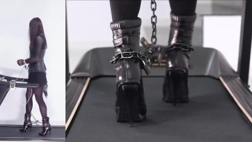 【高跟遇上跑步机】铁链缠身的高跟黑靴束腰黑短裙与TD、金属GS及电击器在跑步机上