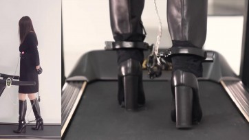 【高跟遇上跑步机】重镣禁锢的高跟长靴放入坚硬的圆豆，手脚连铐，TD、充气GS、电击器在跑步机上