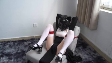 【闪闪工作室】带口塞的头壳 戴口塞的中之人 全程口塞强高口水泛滥流一地 猫耳带锁头球造型头壳 口水从头壳里溢出